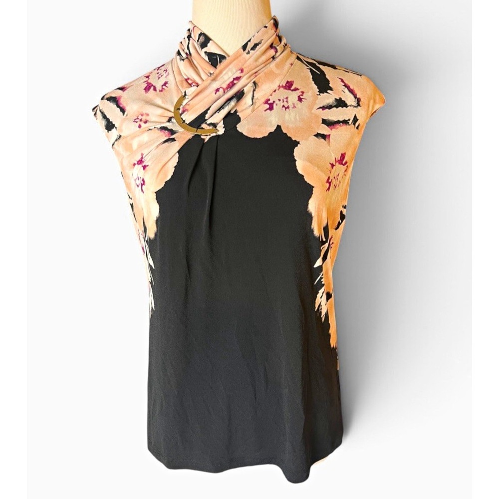 Calvin Klein Womens M Floral Sleeveless Top Mock Neck Gold Ring NWT $59.50